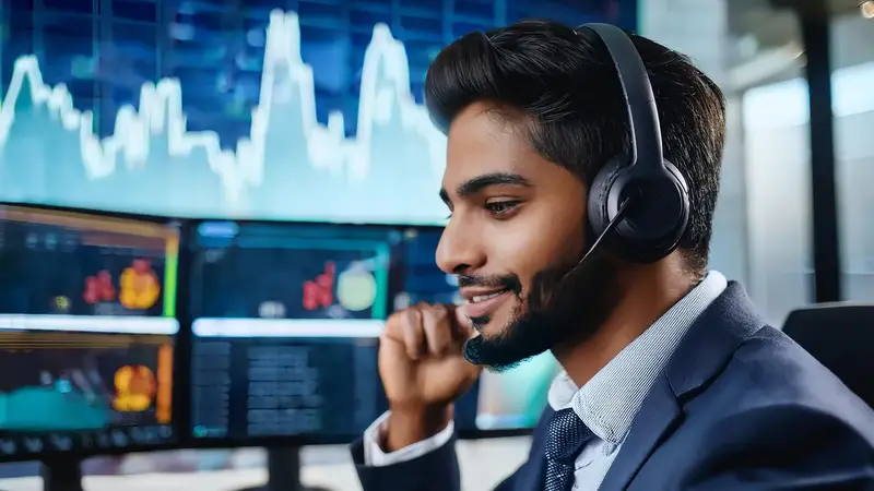 A support agent wearing a headset at a desk of monitors, illustrating a help desk environment.